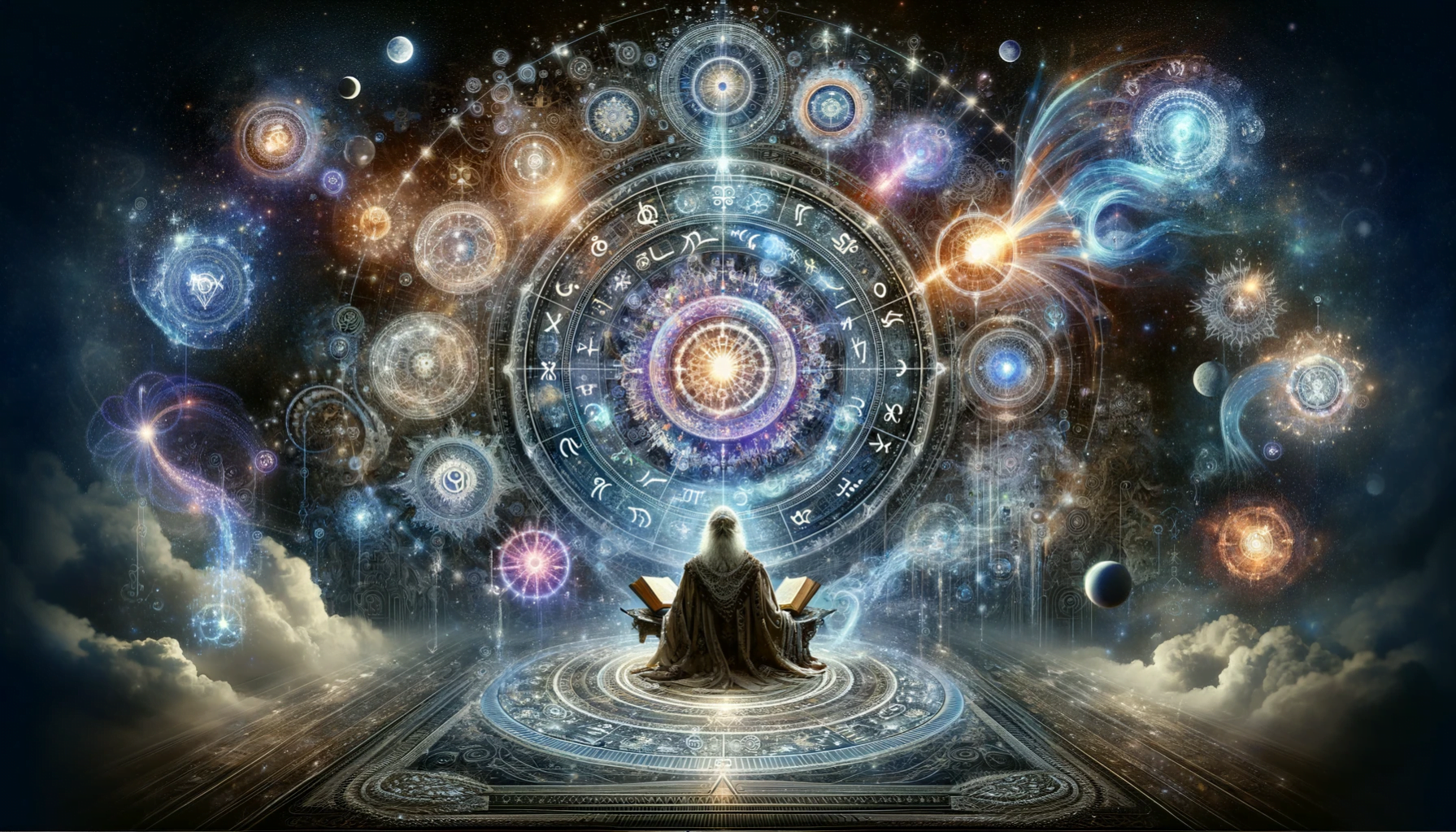 DALL·E 2023-12-19 01.14.56 - A panoramic and mystical image encapsulating the essence of esoteric astrology. The composition includes a vast, star-filled cosmic backdrop, symboliz