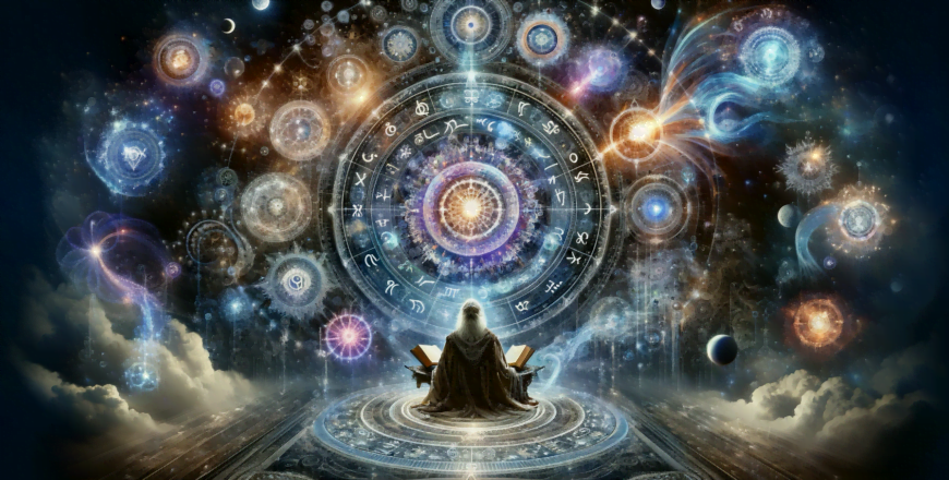 DALL·E 2023-12-19 01.14.56 - A panoramic and mystical image encapsulating the essence of esoteric astrology. The composition includes a vast, star-filled cosmic backdrop, symboliz